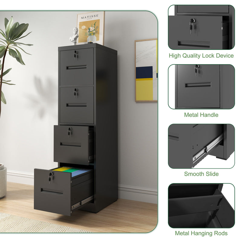 Modern 4 Drawer Metal Vertical Filing Cabinets With Lock For Home Office, Steel Construction, Letter / Legal / A4 / F4 Size - Brushed Nickel