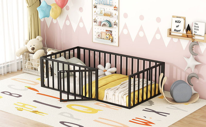 Metal Floor Bed Frame With Fence And Door - Black