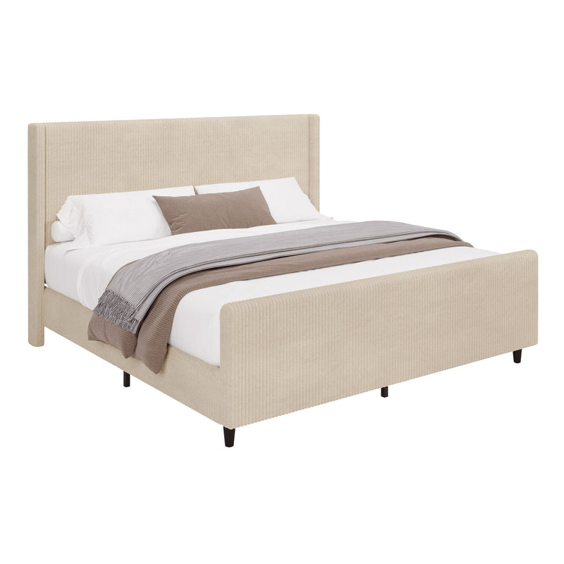 Corduroy Upholstered Bed Frame With Vertical Stripe Wingback And High Footboard No Box Spring Needed