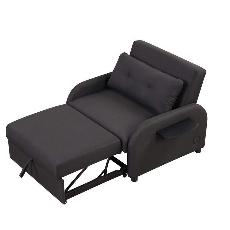 Pull Out Sofa Sleeper 3 In 1 With 2 Wing Table And USB Charge For Nap Line Fabric For Living Room Recreation Room