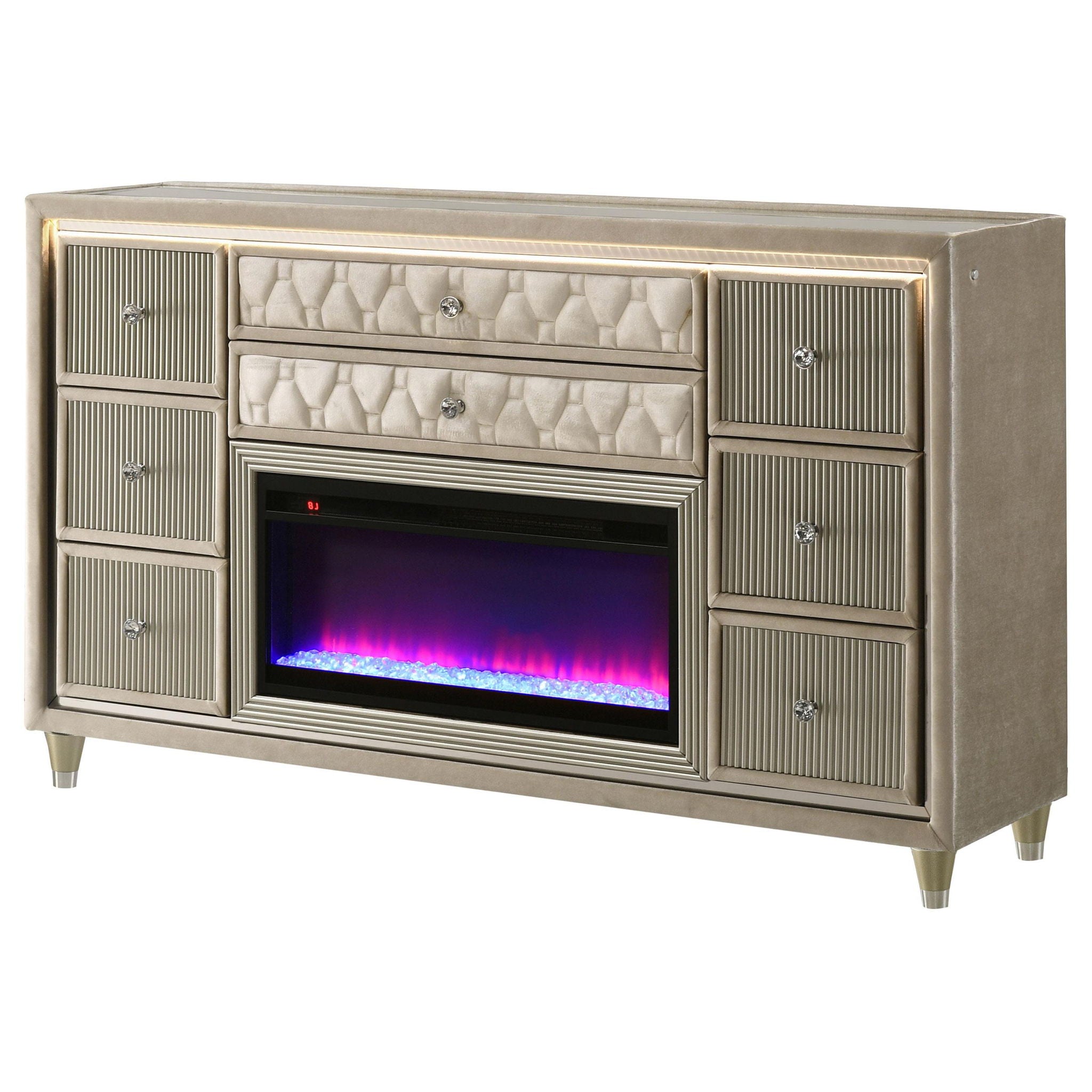 Lorient 8-drawer LED Bedroom Flame Box Dresser Ivory Camel