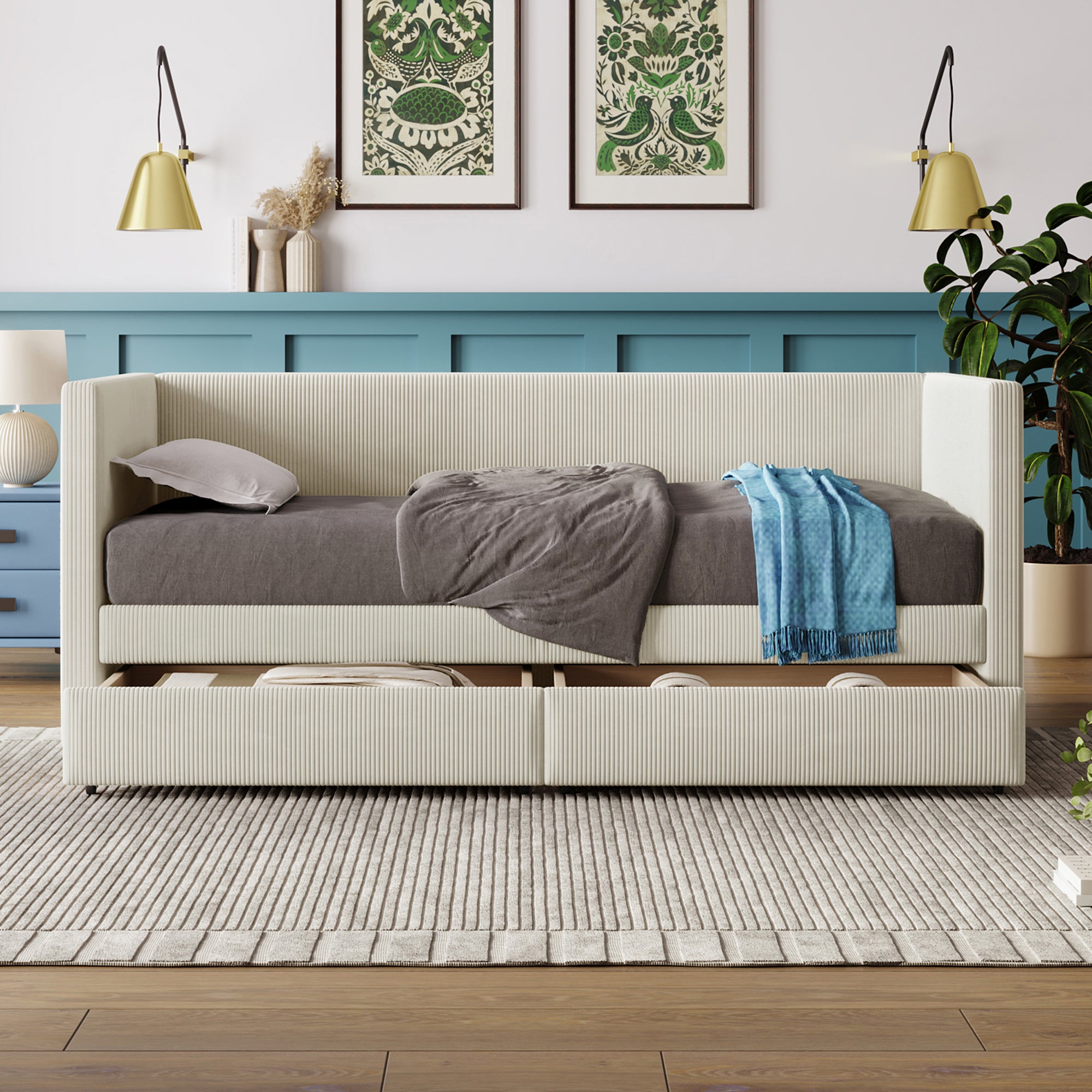 Twin Size Corduroy Daybed with Two Drawers and Wood Slat, Beige - Atlantic Fine Furniture Melbourne FL