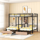 Triple Bunk Bed With Drawers, Multi-Functional Frame With Desks And Shelves In The Middle