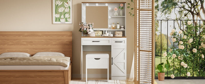 Farmhouse Makeup Vanity Desk With Mirror And Lights, 3 Lighting Modes, Vanity Set With Stool, Dressing Table With Adjustable Shelves, 2 Drawers And Side Cabinet For Bedroom - White
