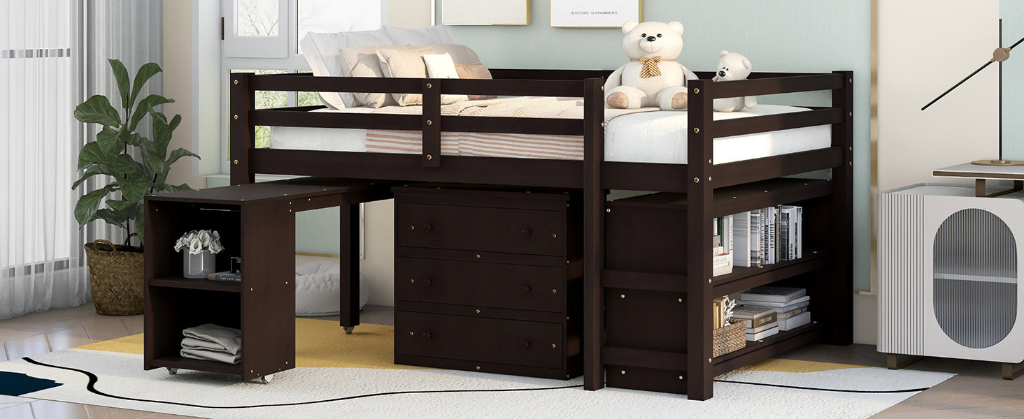 Low Study Full Loft Bed with Cabinet ,Shelves and Rolling Portable Desk ,Multiple Functions Bed- Espresso - Atlantic Fine Furniture Melbourne FL