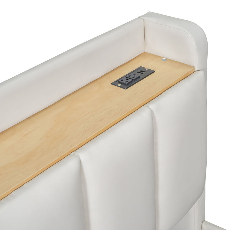 Upholstered Mother & Child Bed With Hydraulic Storage System, Drawer Box, Bedhead Storage Shelf And 2 Pairs Of Sockets & USB Ports