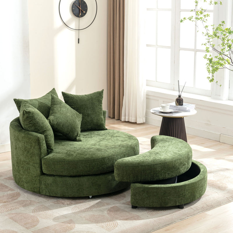 360° Swivel Accent Barrel Chair With Storage Ottoman & 4 Pillows, Modern Chenille Leisure Chair Round Accent For Living Room