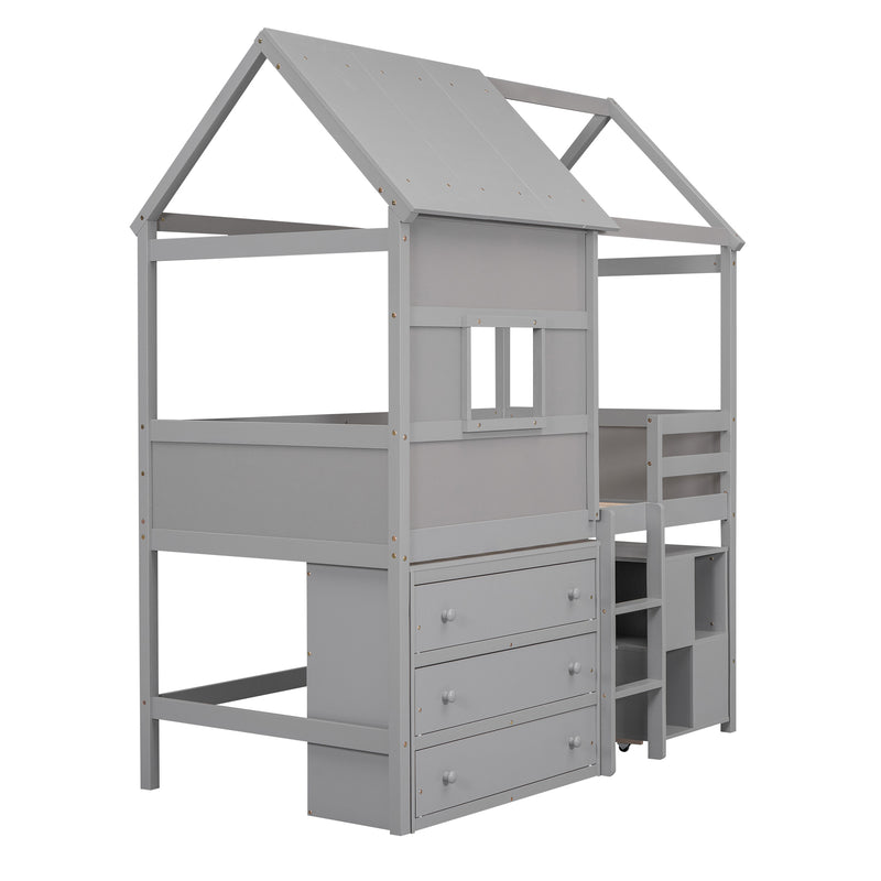 Twin Size House Loft Bed with Storage Desk and 3 Drawer Chest, Gray