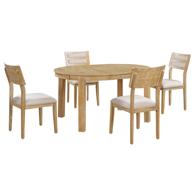 Multifunctional Dining Table Set, Farmhouse Dining Set With Extendable Round Table, Two Small Drawers And 4 Upholstered Dining Chairs For Kitchen And Dining Room