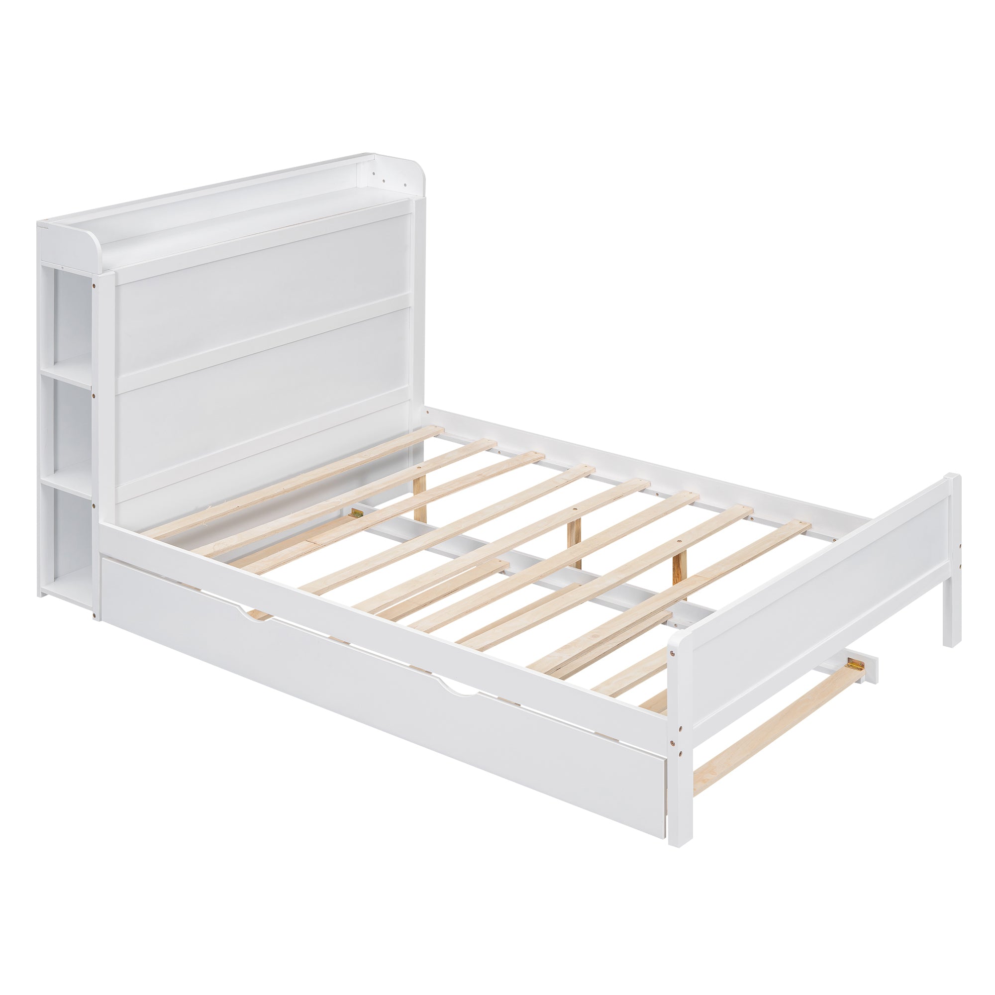 Full Size Platform Bed with Storage Headboard and Twin Size Trundle, White - Atlantic Fine Furniture Melbourne FL