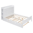 Full Size Platform Bed with Storage Headboard and Twin Size Trundle, White