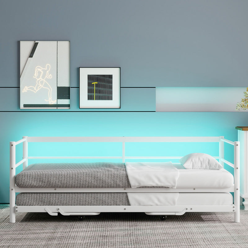 Industrial Metal Daybed With Adjustable Pop Up Trundle And LED Strip