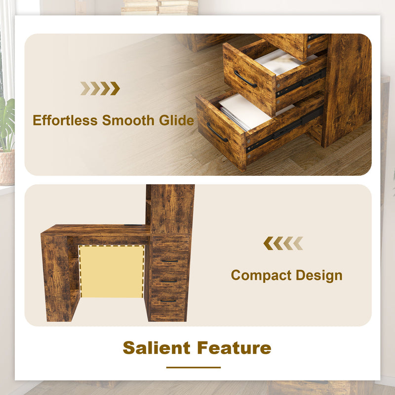 Computer Desk With 4 In 1 Socket & 3 Drawers, 4 Tier Shelves