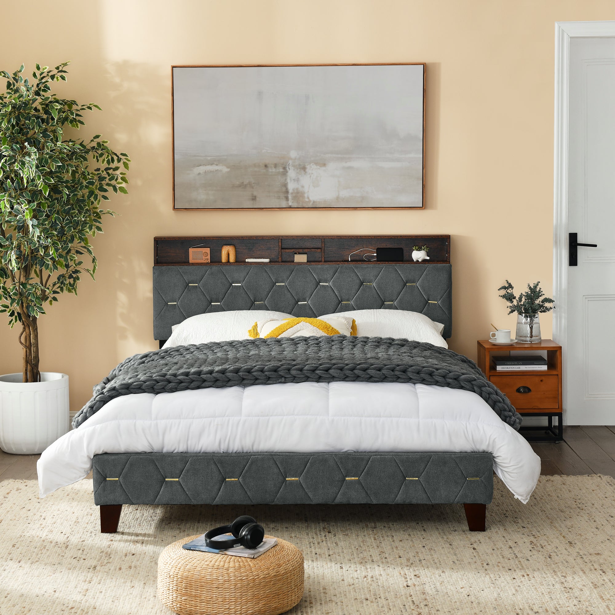 Queen Size Bed Frame, Shelf Upholstered Headboard, Platform Bed with Outlet & USB Ports, Wood Legs, No Box Spring Needed, Easy Assembly, Grey - Atlantic Fine Furniture Melbourne FL