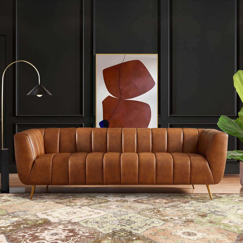 Ava - Genuine Italian Leather Channel Tufted Sofa - Gold / Tan