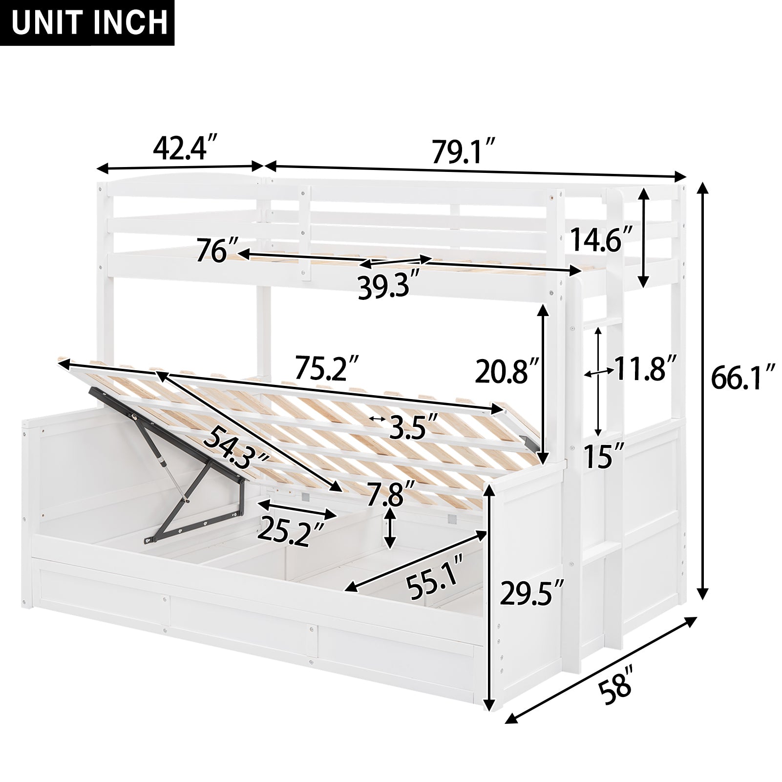 Wood Twin over Full Bunk Bed with Hydraulic Lift Up Storage, White - Atlantic Fine Furniture Melbourne FL