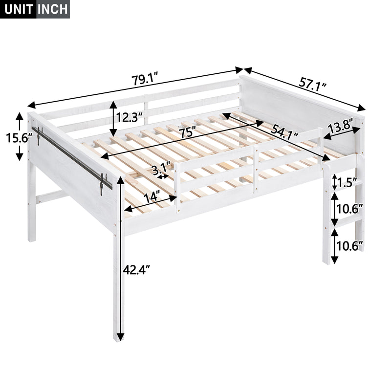 Wood Full Size Loft Bed with Hanging Clothes Racks, White