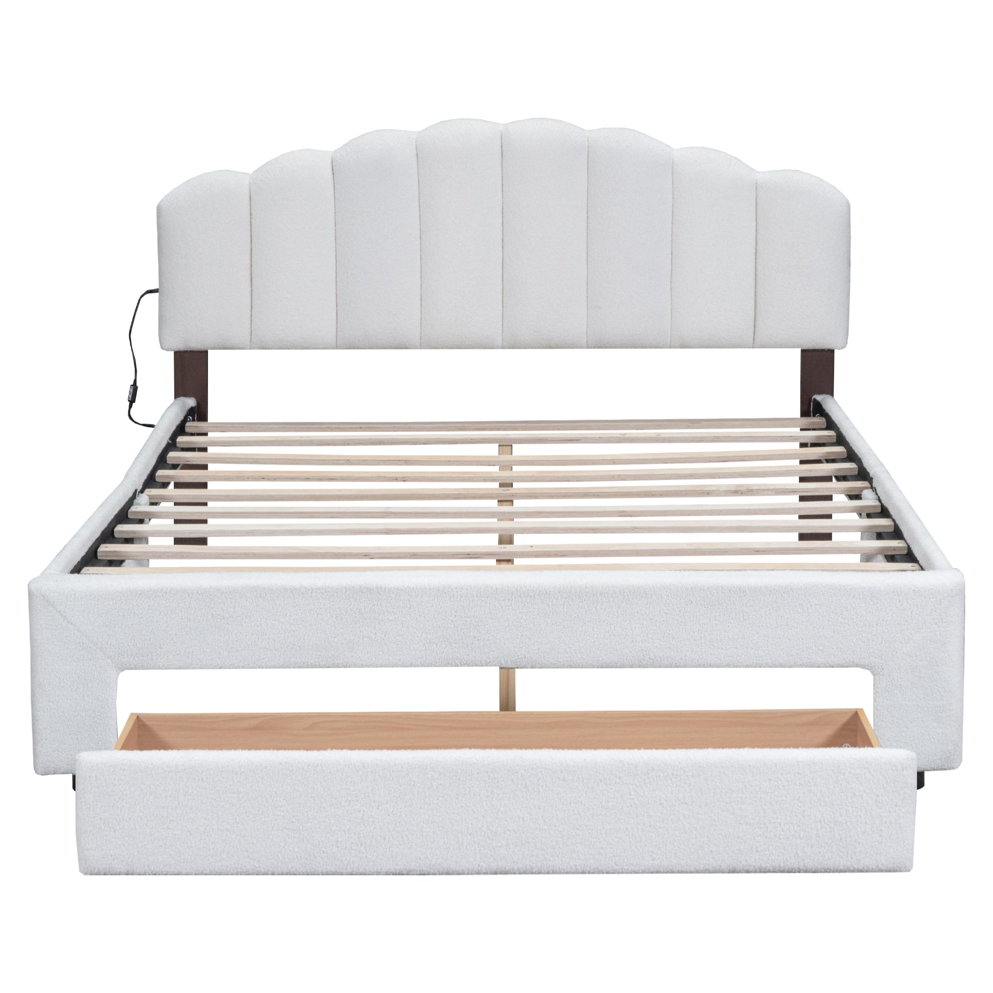 Teddy Fleece Queen Size Upholstered Platform Bed with Drawer, White - Atlantic Fine Furniture Melbourne FL