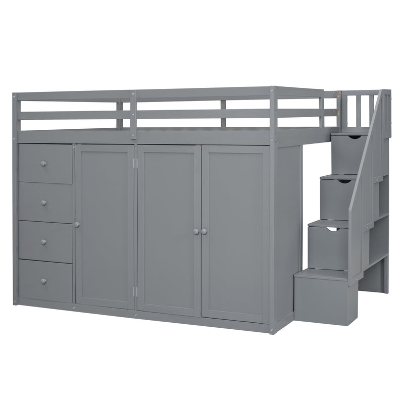 Full Size Wood Loft Bed With Built-in Wardrobes, Cabinets and Drawers, Gray