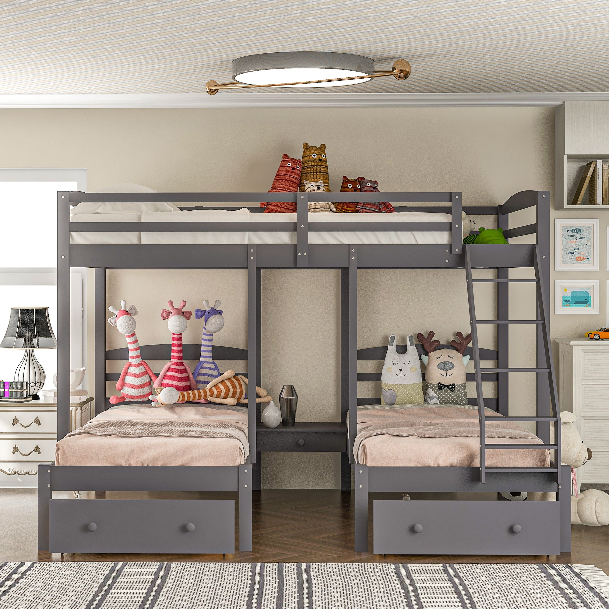 Full over Twin & Twin Bunk Bed,Triple Bunk Bed with Drawers, Gray - Atlantic Fine Furniture Melbourne FL