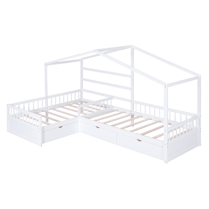 Twin Size House Platform Bed with Three Storage Drawers,White