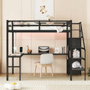 Full XL Size Loft Bed with L-shaped Desk and USB, Metal Loft Bed with Wardrobe and Adjustable Shelf, High Loft Bed with LED for Kids Teens Adults, Black