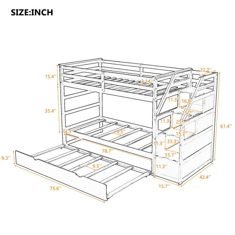 Twin Over Twin Bunk Bed With Twin Size Trundle And 3 Storage Stairs - Espresso