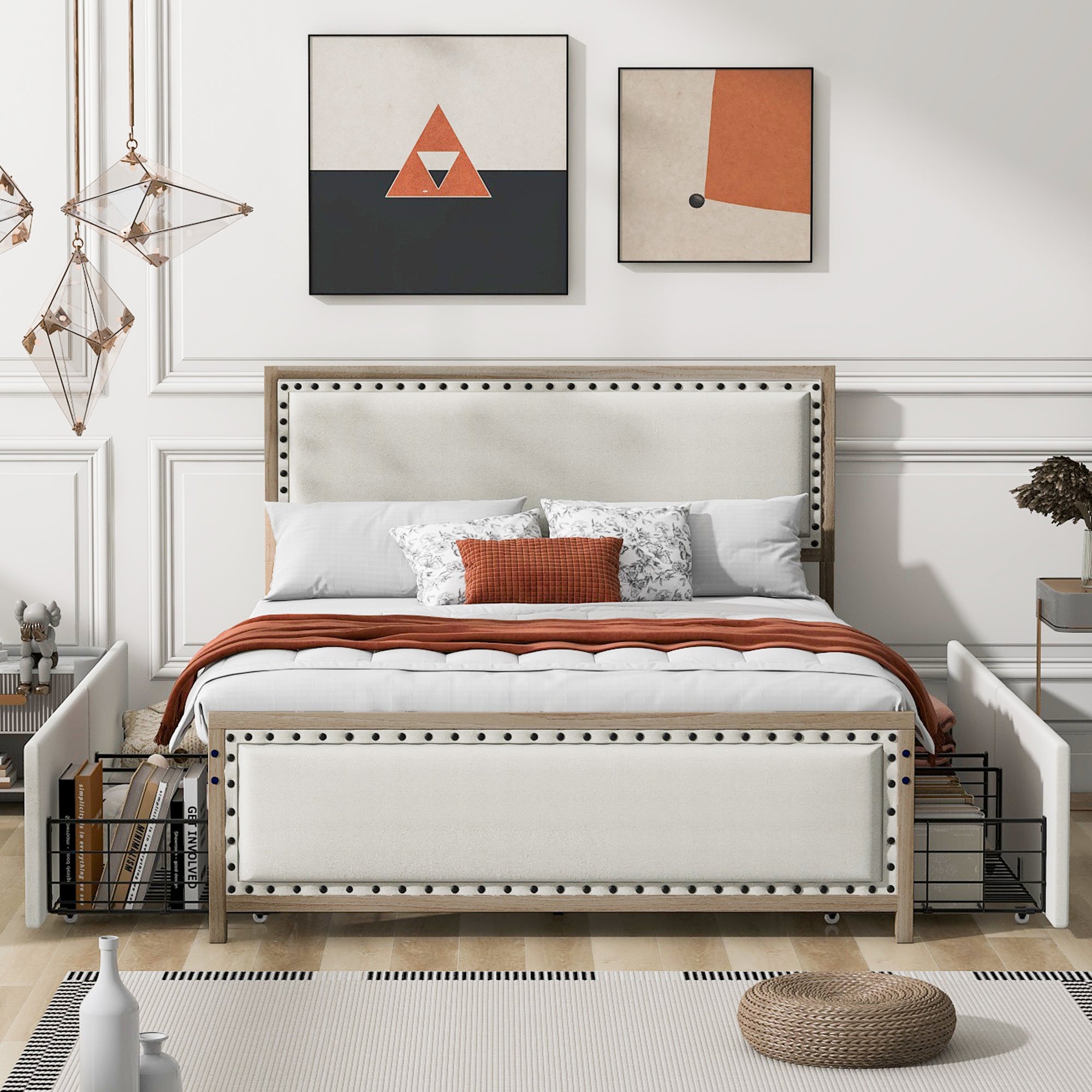 Queen Size Upholstered Platform Bed with Nailhead Decoration and 4 Drawers, Brown - Atlantic Fine Furniture Melbourne FL