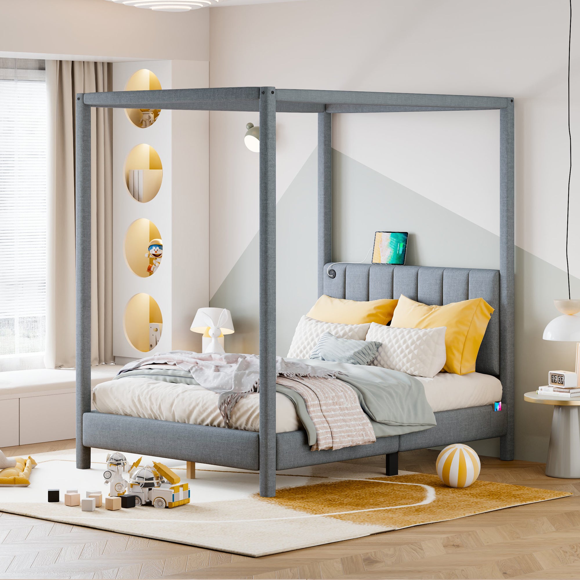 Full Size Canopy Platform Bed with USB and Type-C Ports, Canvas, Gray - Atlantic Fine Furniture Melbourne FL