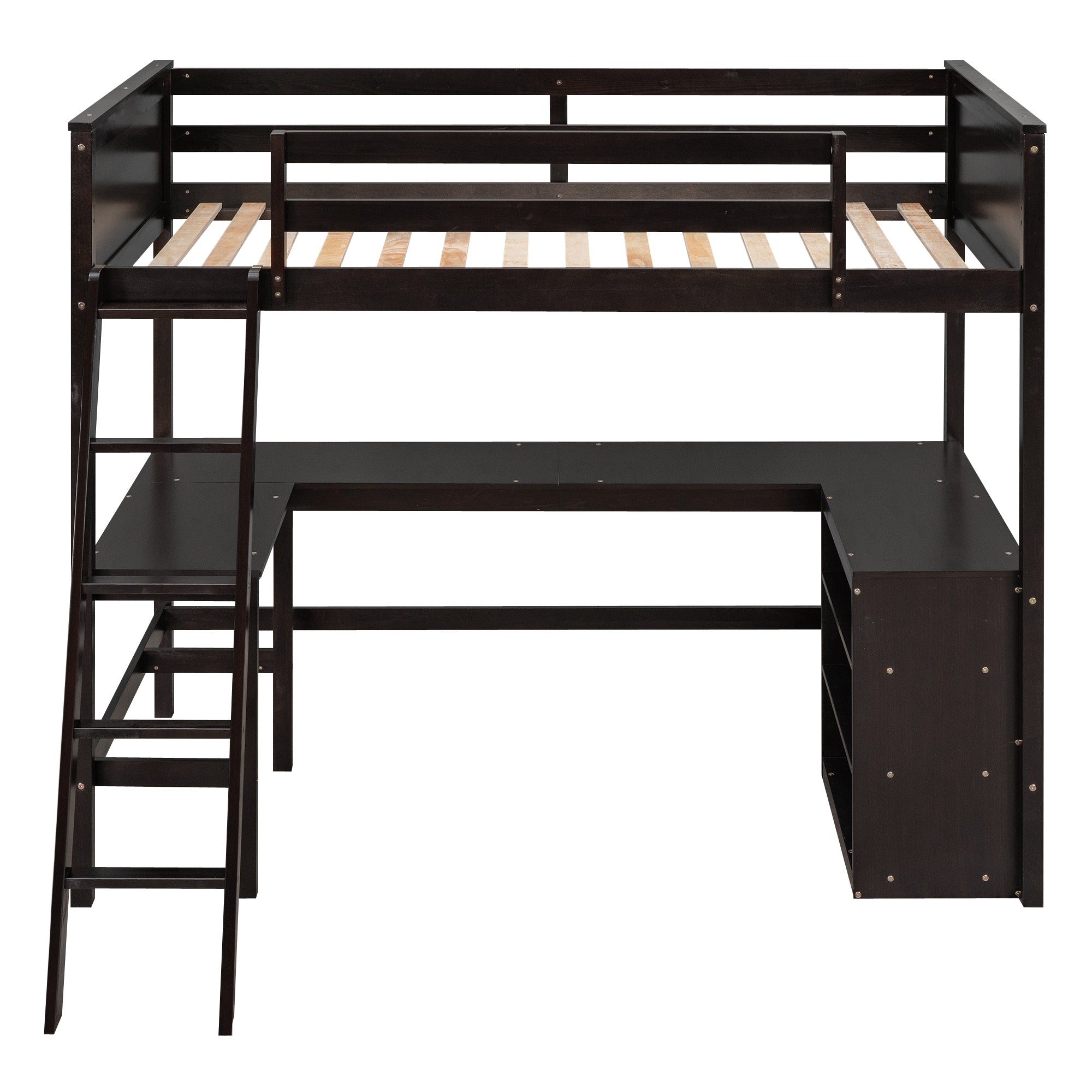 Twin size Loft Bed with Shelves and Desk, Wooden Loft Bed with Desk - Espresso(OLD SKU:LT000537AAP) - Atlantic Fine Furniture Melbourne FL