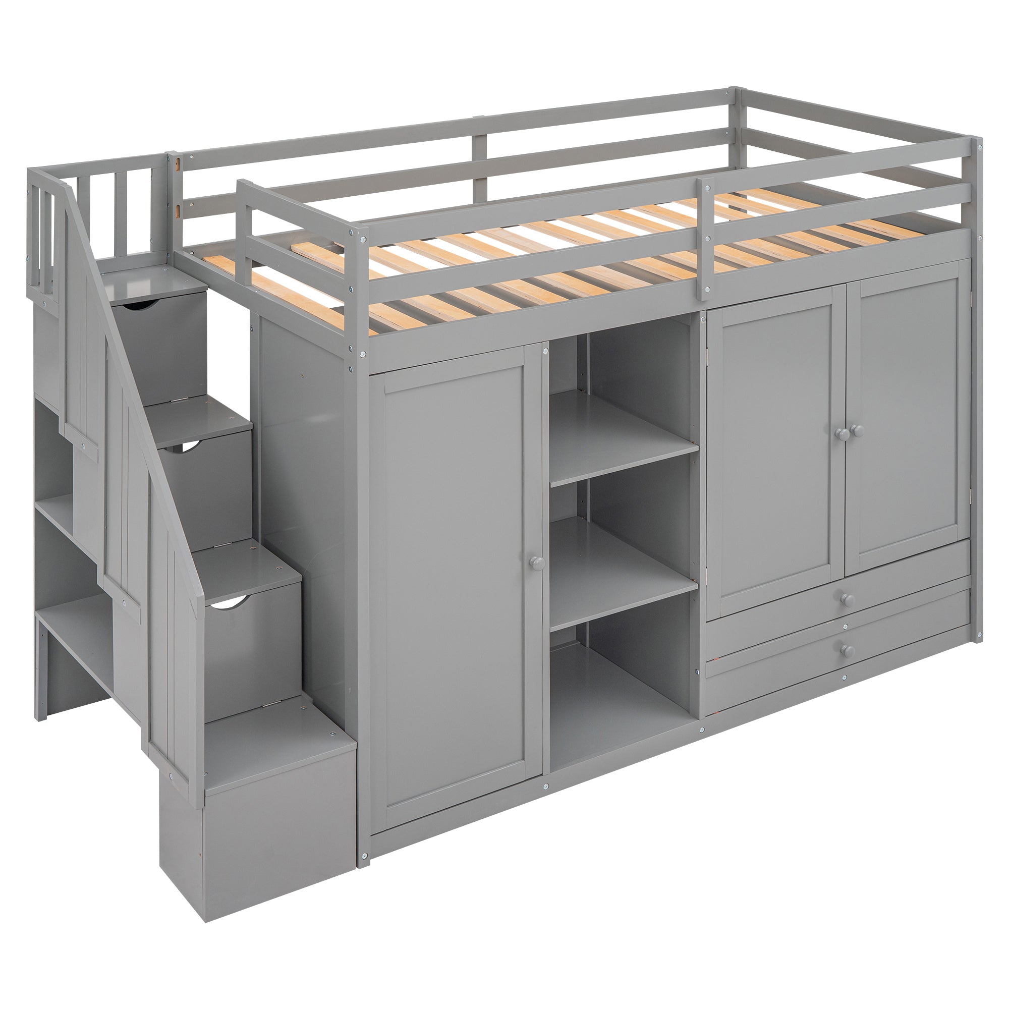 Functional Loft Bed with 3 Shelves, 2 Wardrobes and 2 Drawers,  Ladder with Storage, No Box Spring Needed, Gray - Atlantic Fine Furniture Melbourne FL