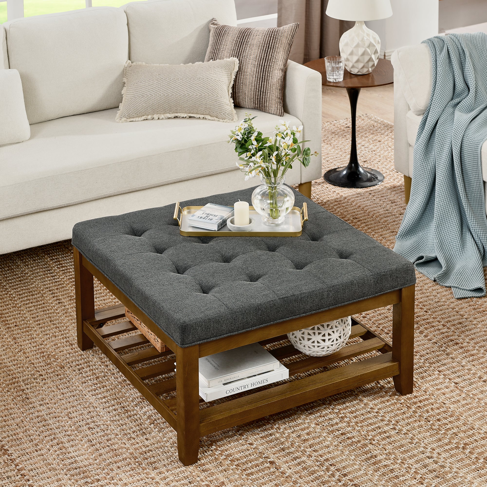 Upholstered Coffee Table Tufted Linen Large Square Ottoman with Beech Wood Shelf and Frame, Oversized Footrest Ottoman for Living Room, Dark Gray