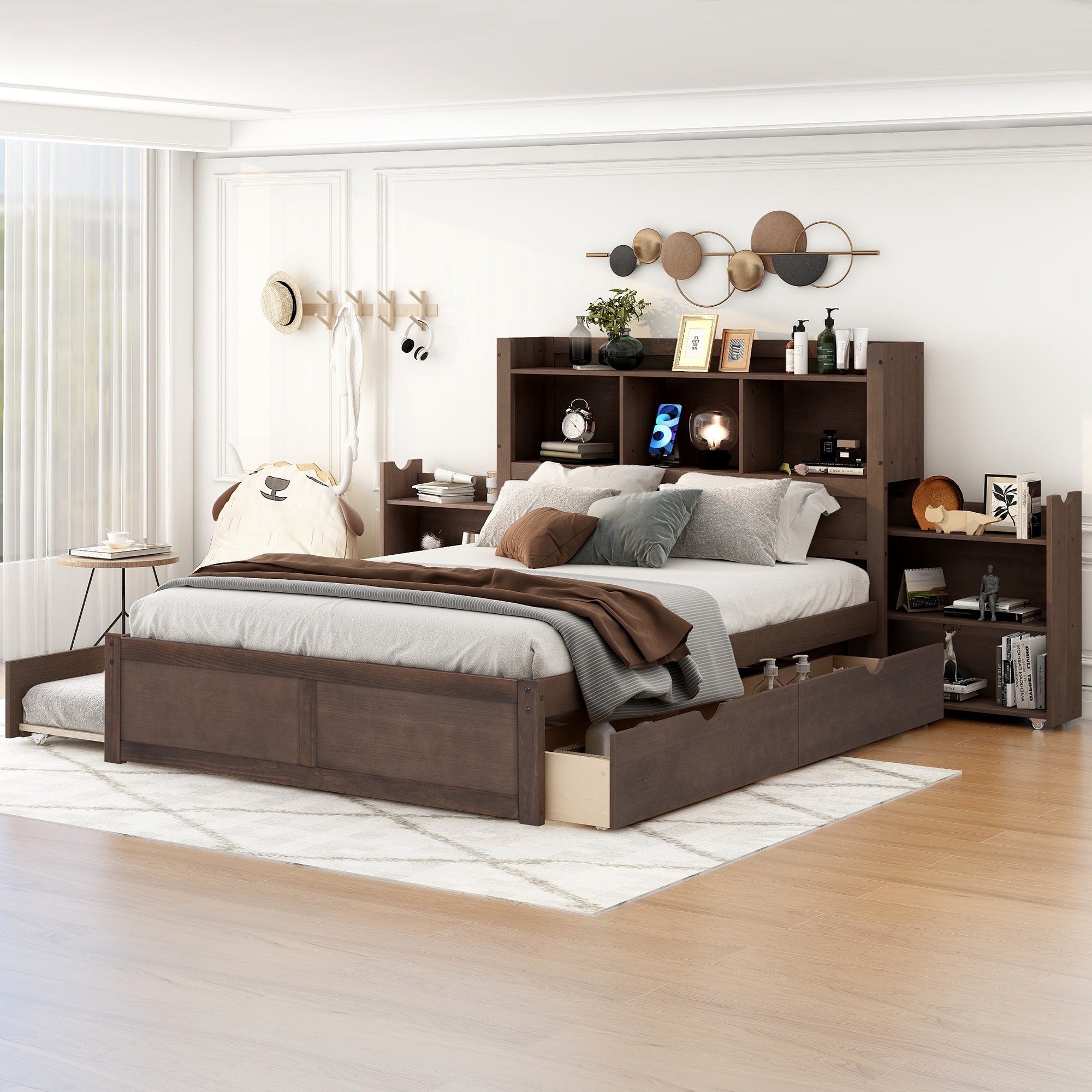 Full Size Storage Platform Bed with Pull Out Shelves, Twin Size Trundle and 2 Drawers, Espresso - Atlantic Fine Furniture Melbourne FL