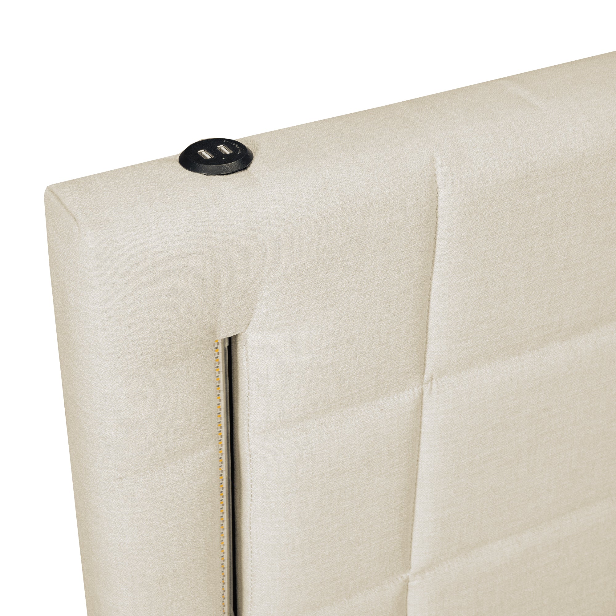 Full Size Upholstered Bed with Hydraulic Storage System and LED Light, Beige