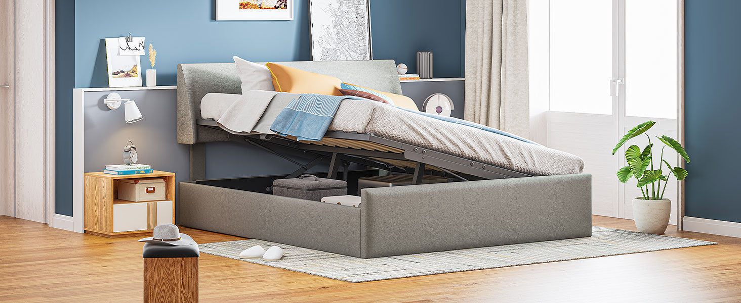 Queen Size Sleigh Bed with Side-Tilt Hydraulic Storage System, Linen Upholstery, Gray - Atlantic Fine Furniture Melbourne FL