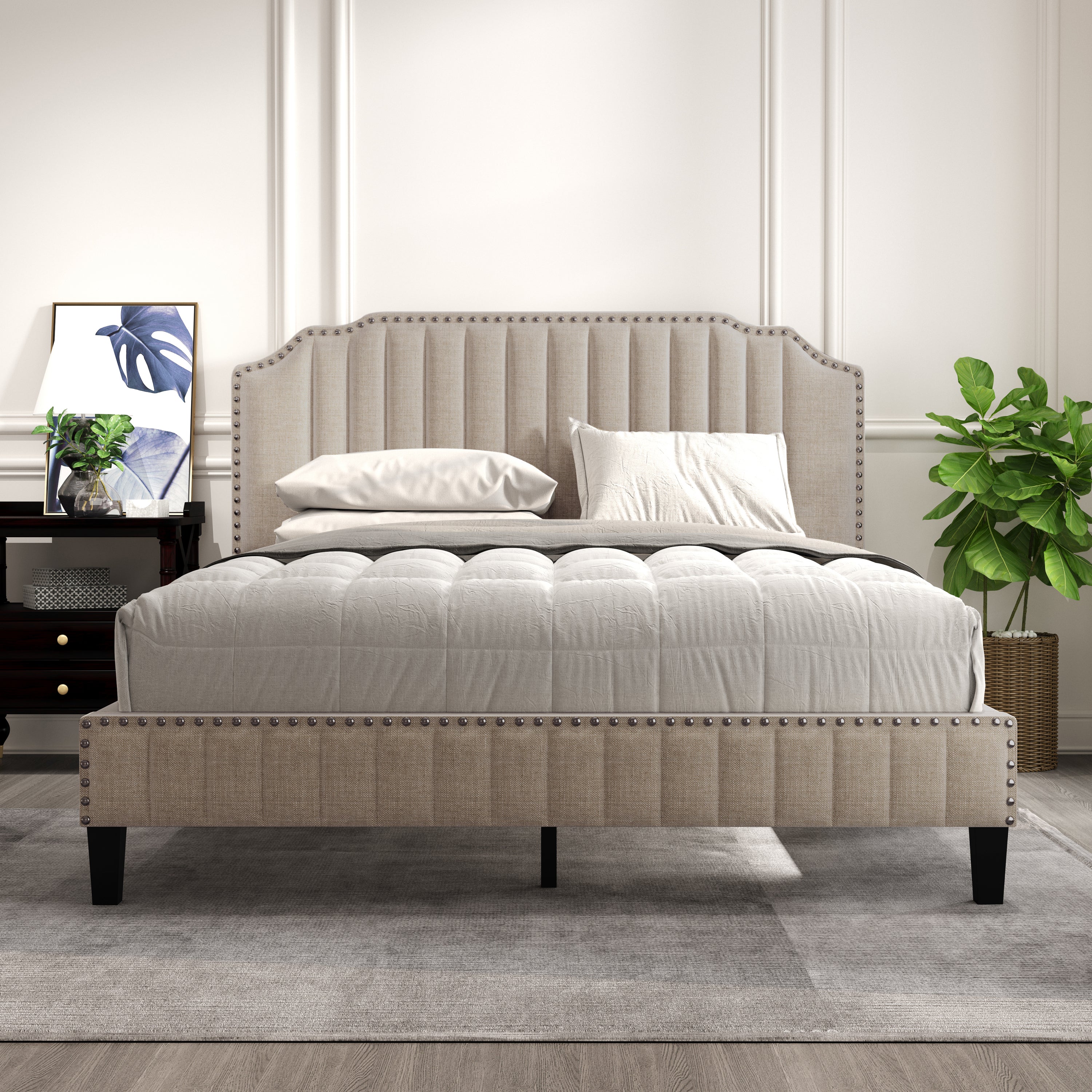 Modern Linen Curved Upholstered Platform Bed , Solid Wood Frame , Nailhead Trim, Beige (Queen) - Atlantic Fine Furniture Melbourne FL