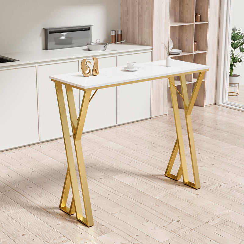 Modern High Bar Table With Double Pedestal - White / Gold