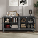 Retro Industrial 4 Door Sideboard With Large Storage, Rattan And Glass Doors