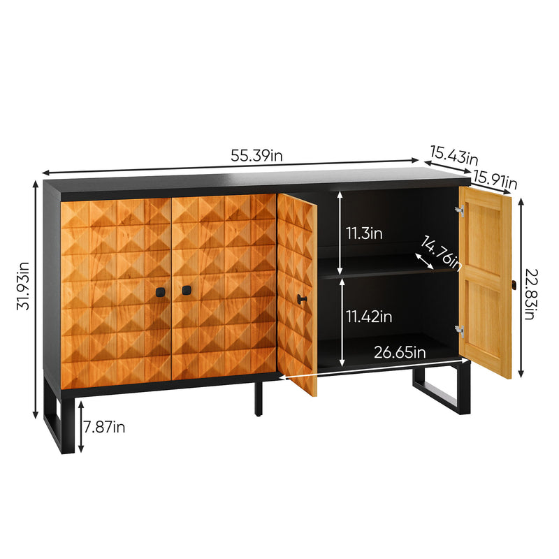 Modern Buffet Cabinet With Storage Space, Retro Style 4 Door Wooden Storage Cabinet, Multifunctional Decorative Cabinet With Geometric Patterns, Suitable For Living Room, Dining Room, Entrance - Orange / Yellow