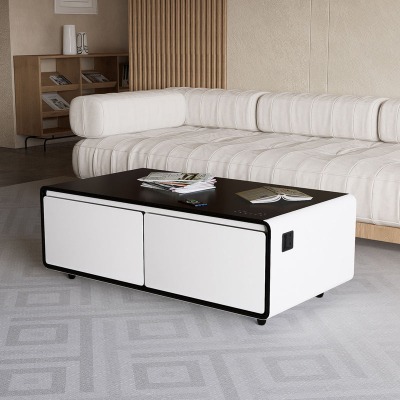 Modern Smart Coffee Table With Built-In Fridge, Bluetooth Speaker, Wireless Charging Module, Touch Control Panel, Power Socket, USB Interface, Outlet Protection, Atmosphere Light