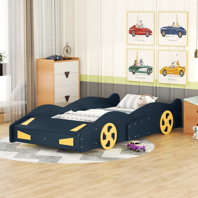 Twin Size Race Car-Shaped Platform Bed with Wheels and Storage, Dark Blue+Yellow