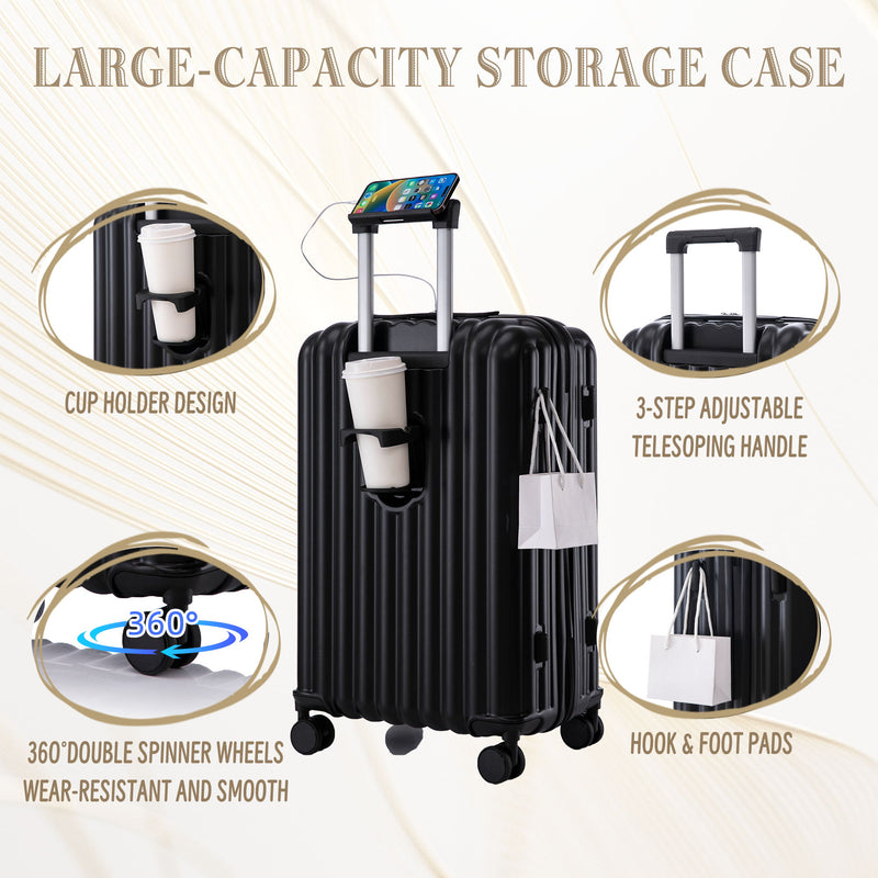 20" / 24" / 28" 3 Pieces / Set Spinner Wheel Luggage, Carry On Suitcase, With Cup Holder & USB Port & Phone Holder