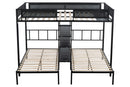 Metal Full over Twin Beds with Shelves/ Sturdy Metal Frame/ Noise-Free Wood Slats/ Comfortable Textilene Guardrail/ Bunk Bed for Three/ Built-in 3-Tier Shelves/ No Box Spring Needed