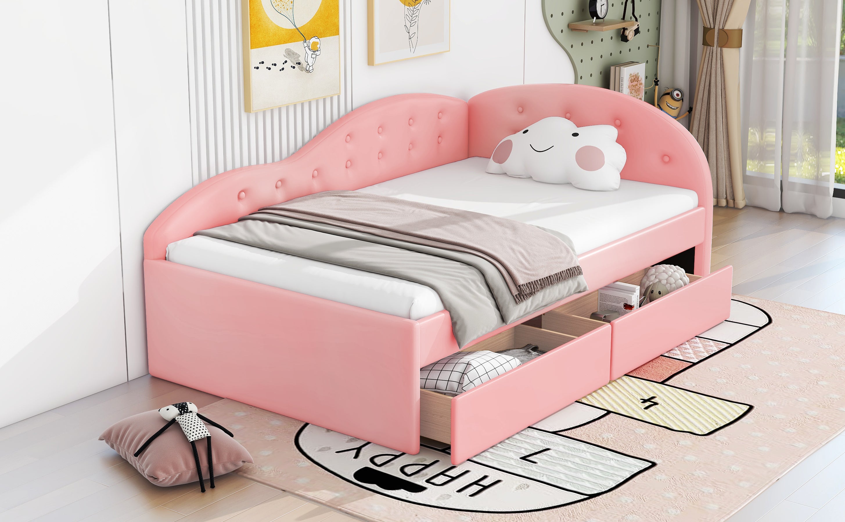 Twin Size PU Upholstered Tufted Daybed with Two Drawers and Cloud Shaped Guardrail, Pink - Atlantic Fine Furniture Melbourne FL