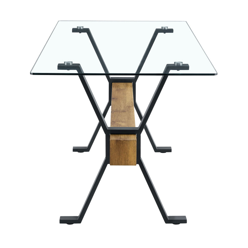 Elegant Tempered Glass Dining Table With X Shaped Metal Legs And Wood Grain Crossbeam - Black / Transparent