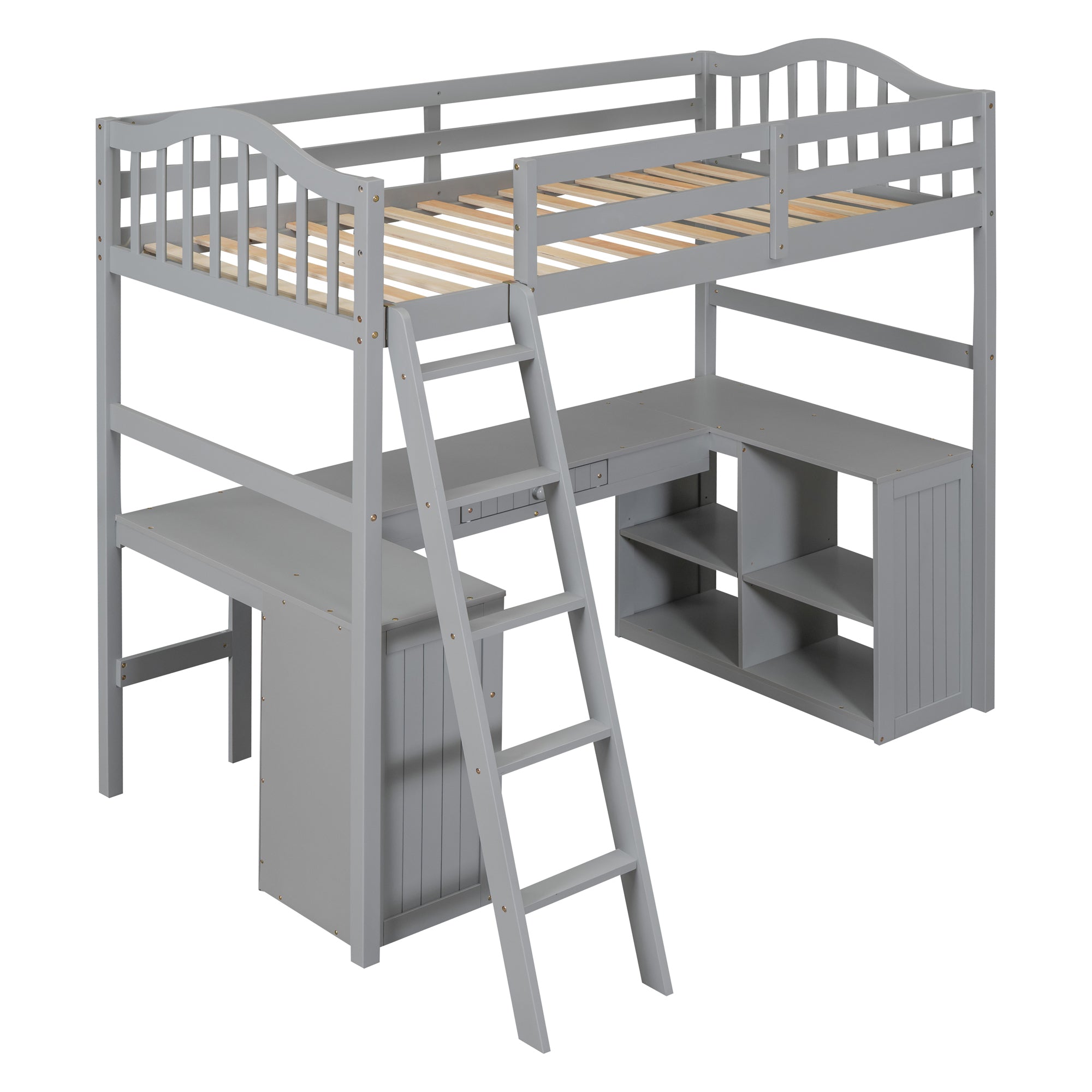 Twin size Loft Bed with Drawers, Cabinet, Shelves and Desk, Wooden Loft Bed with Desk - Gray(OLD SKU :LT000505AAE) - Atlantic Fine Furniture Melbourne FL