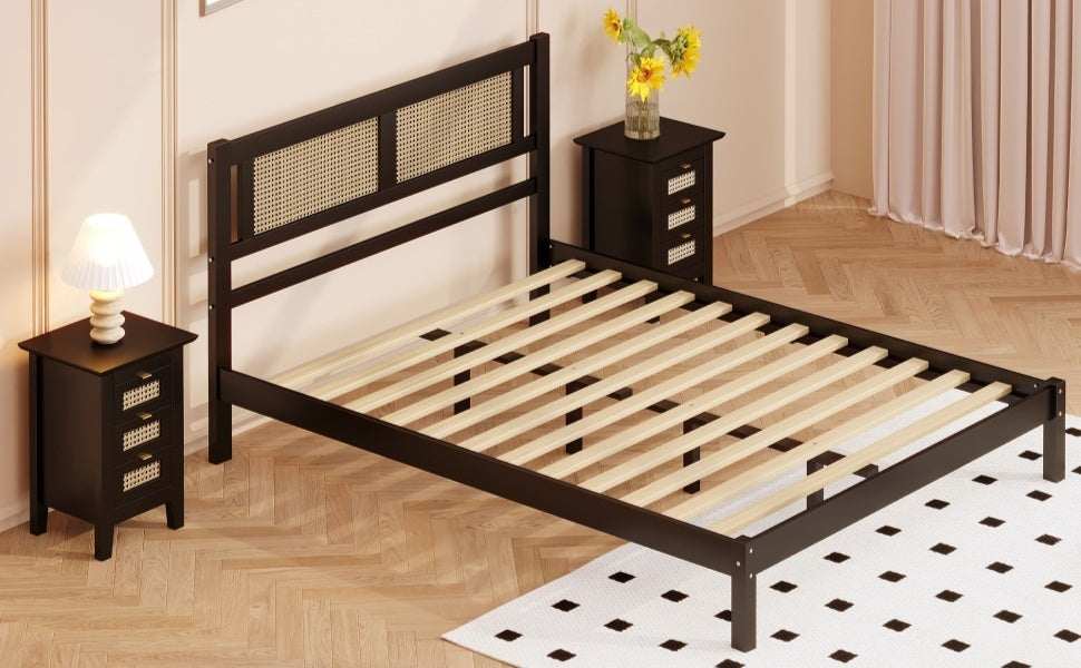 Queen Size Wooden Platform Bed with Natural Rattan Headboard, Exquisite Elegance with Minimalist Charm for Bedroom, Black - Atlantic Fine Furniture Melbourne FL