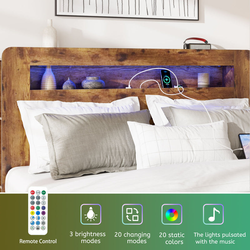 Wood Platform Bed Frame With Storage LED Light Headboard & USB
