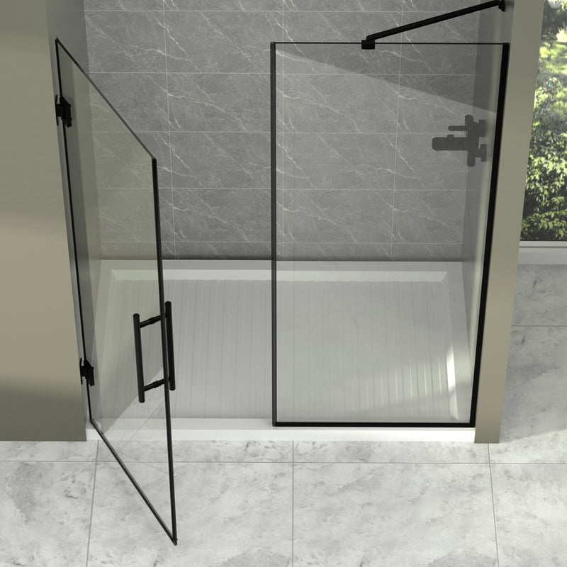 Semi-Frameless Double Hinges Shower Door In Matte , Tempered Glass, Reversible Installation - Black