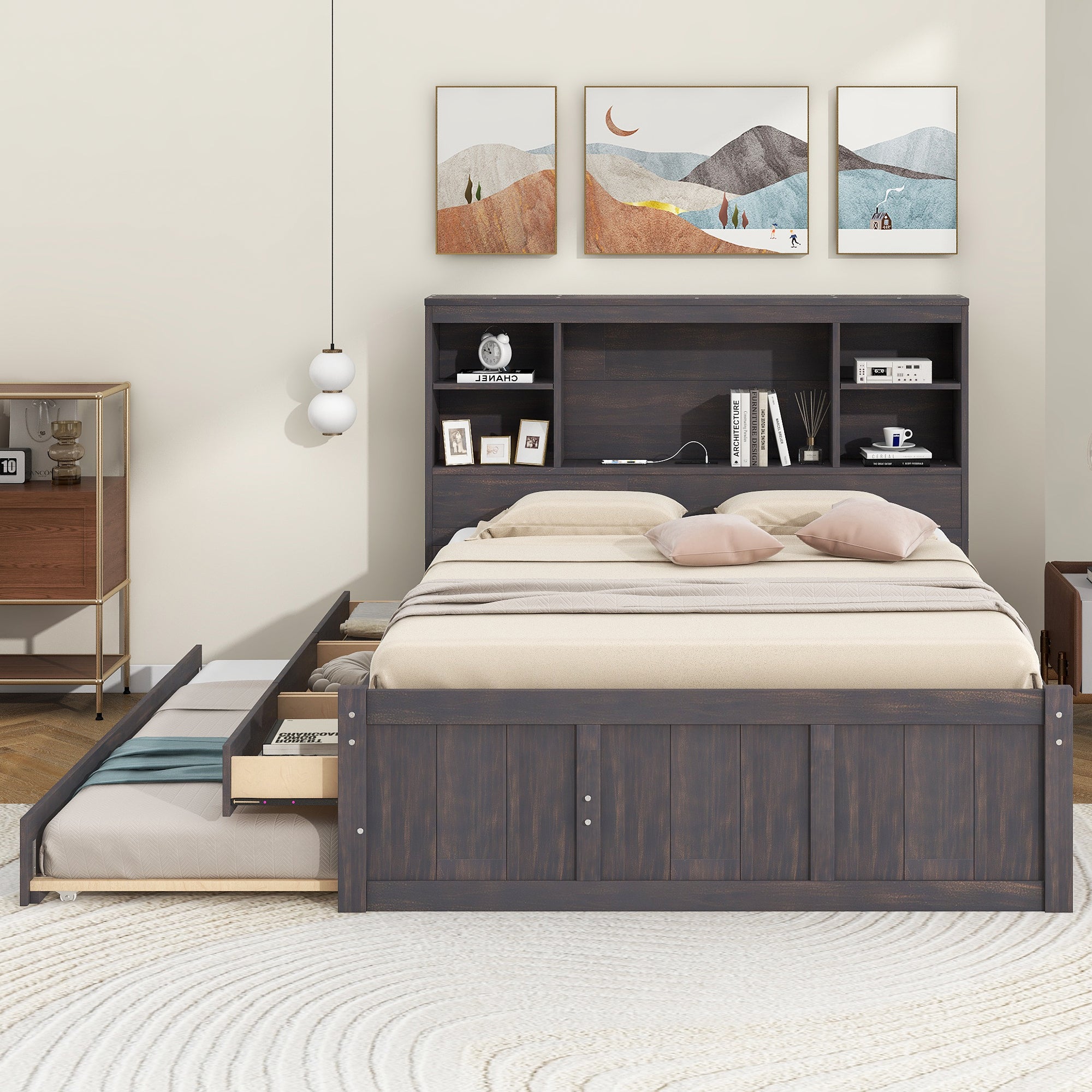 Full Size Platform Bed with Storage Headboard, Charging Station, Twin Size Trundle and 3 Drawers, Antique Brown